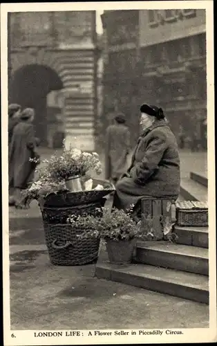 AK London City, City Life, A Flower Seller in Piccadilly Circus, Blumenverkäuferin