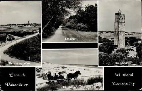 Ak Terschelling Friesland Niederlande, Brandaris, Longway, Pferdewagen am Strand