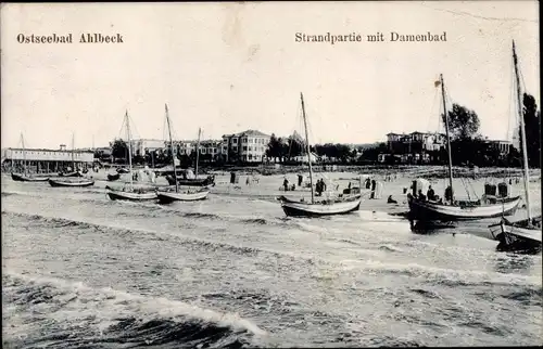 Ak Ostseebad Ahlbeck Heringsdorf auf Usedom, Strand mit Damenbad, Boote