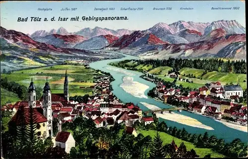 Ak Bad Tölz Oberbayern, Blick auf die Stadt und die Isar mit Gebirgspanorama