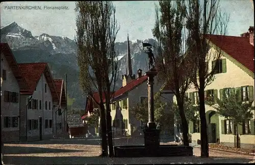 Ak Garmisch Partenkirchen in Oberbayern, Ansicht vom Floriansplatz, Denkmal