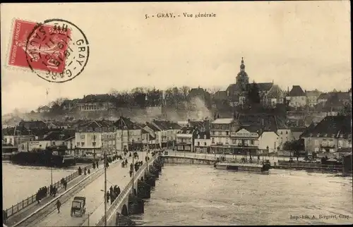 Ak Gray Haute Saône, Gesamtansicht, Brücke