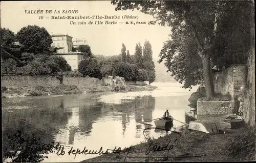Ak Saint Rambert l'Ile de Barbe Rhône, Un coin de l'Ile Barbe, Ruderboot