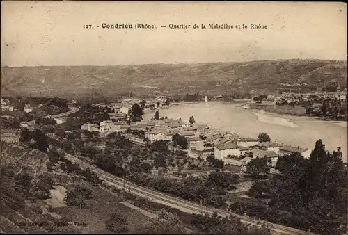 Ak Condrieu Rhône, Quartier de la Maladiere et le Rhone