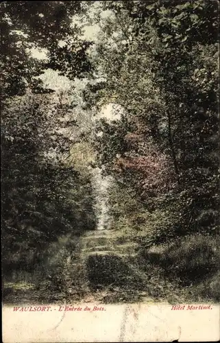 Ak Waulsort Hastière Wallonien Namur, Eingang zum Wald, Hotel Martinot
