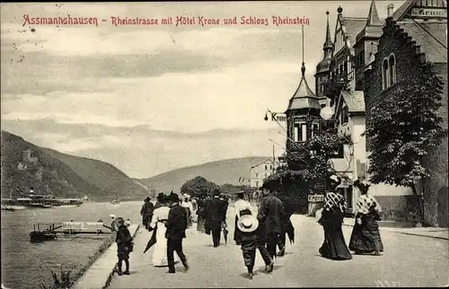 Ak Assmannshausen Rüdesheim am Rhein, Rheinstraße, Hotel Krone, Schloss Rheinstein