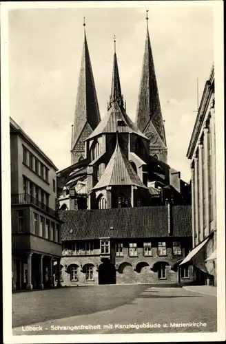 Ak Lübeck, Schrangenfreiheit mit Kanzleigebäude, Kirche