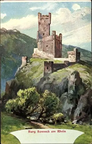 Litho Niederheimbach am Rhein, Burg Sooneck, Burg Sonneck