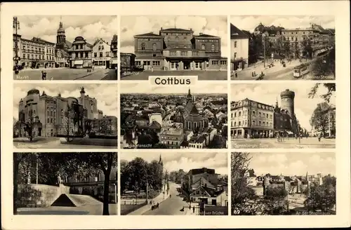 Ak Cottbus Niederlausitz, Bahnhof, Markt, Berliner Straße, Stadttheater, Spremberger Turm