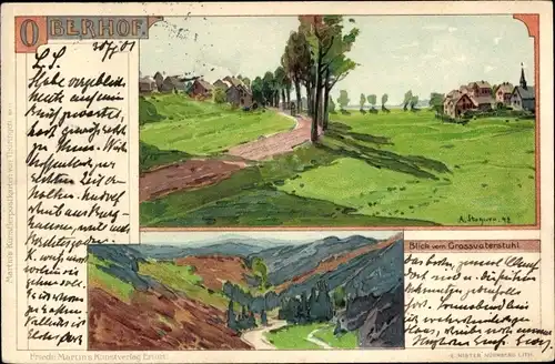 Künstler Litho Stagura, Oberhof im Thüringer Wald, Blick vom Grossvaterstuhl, Teilansicht vom Ort