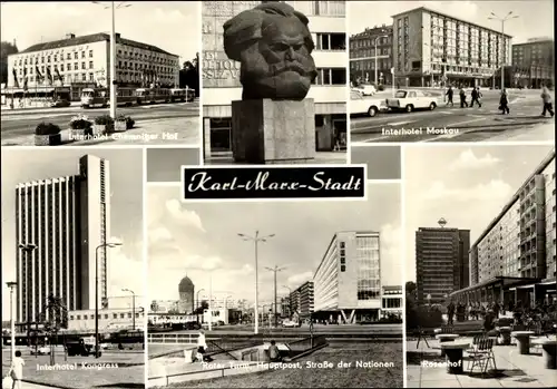 Ak Karl Marx Stadt Chemnitz in Sachsen, Interhotel Moskau, Interhotel Chemnitzer Hof, Denkmal