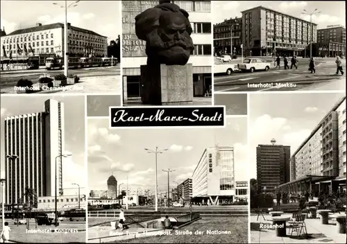 Ak Karl Marx Stadt Chemnitz in Sachsen, Interhotel Moskau, Interhotel Chemnitzer Hof, Denkmal