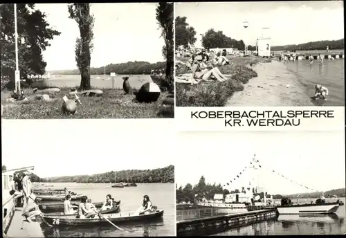 Ak Langenhessen Werdau in Sachsen, Koberbachtalsperre, Ruderboote, Anleger, Schiff, Badegäste