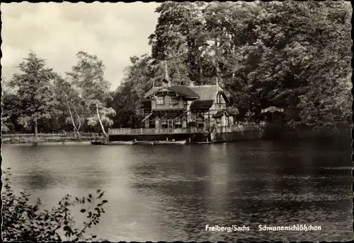 Ak Freiberg in Sachsen, Schwanenschlösschen, See, Fachwerkhaus