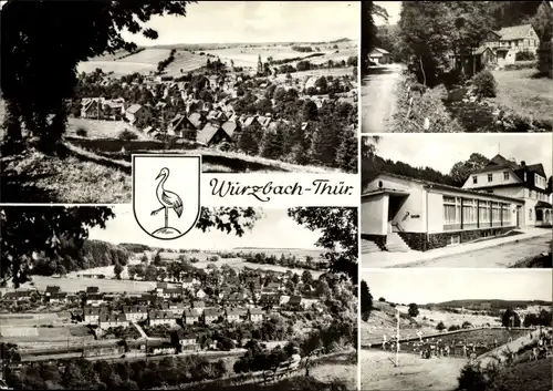Wappen Ak Wurzbach im Saale Orla Kreis, Freibad, Totalansicht der Ortschaft, Gaststätte