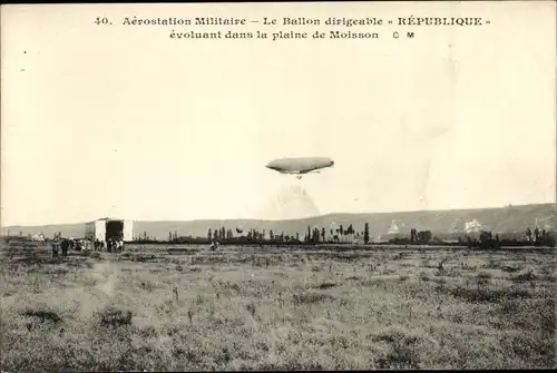 Ak Aérostation Militaire, Ballon Dirigéable République évoluant dans la plaine de Moisson