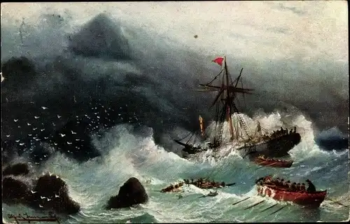 Künstler Ak Segelschiff strandet an Felsenküste, Rettungsboote