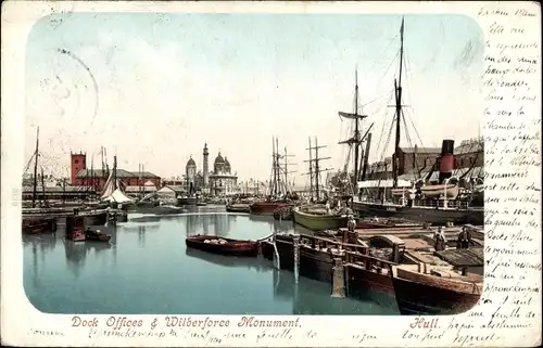 Ak Hull Yorkshire England, Hafenbüros, Wilberforce Monument