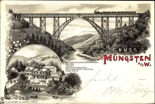 Litho Müngsten Solingen in Nordrhein Westfalen, Eisenbahnbrücke, Gasthaus