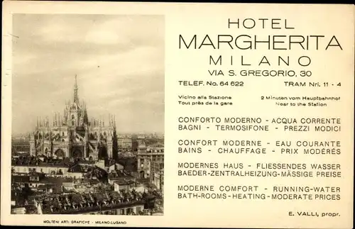 Stadtplan Ak Milano Mailand Lombardia, Hotel Margherita, Via S. Gregorio, 30