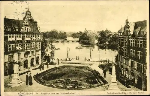 Künstler Ak Kilian, Kaliningrad Königsberg Ostpreußen, Ausblick von der Schlossfreiheit, Teich