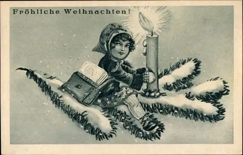 Künstler Ak Fröhliche Weihnachten, Kerze, Tannenzweig