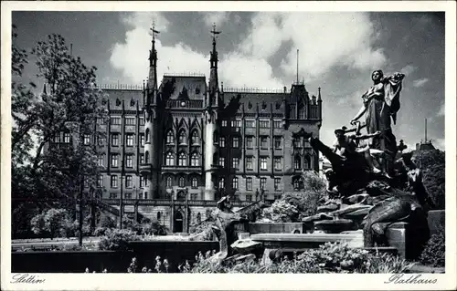 Ak Szczecin Stettin Pommern, Rathaus mit Brunnen