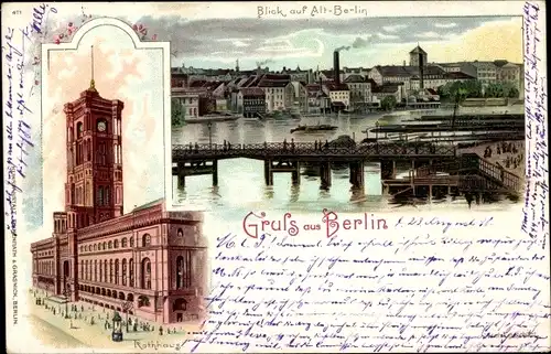 Litho Berlin Mitte, Rathaus, Altstadt von der Spree