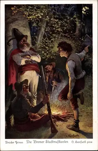 Künstler Ak Herrfurth, Oskar, Märchen, Gebrüder Grimm, Die Bremer Stadtmusikanten, Räuber