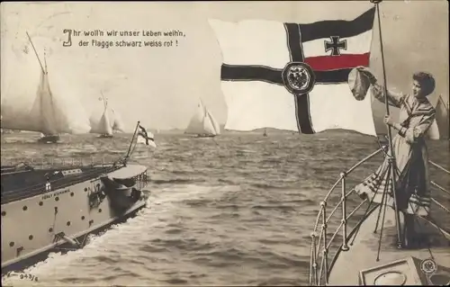 Ak Frau im Matrosenkleid, Segelboote, Fahne, Ihr woll'n wir unser Leben weih'n
