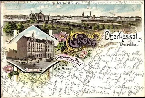 Litho Oberkassel Düsseldorf am Rhein, Gasthof zur Post, Stadtansicht