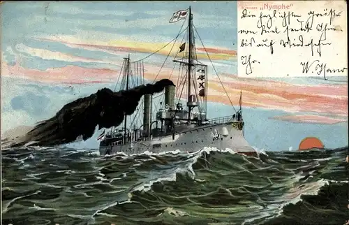 Künstler Ak Deutsches Kriegsschiff, SMS Nymphe, Kreuzer, Kaiserliche Marine