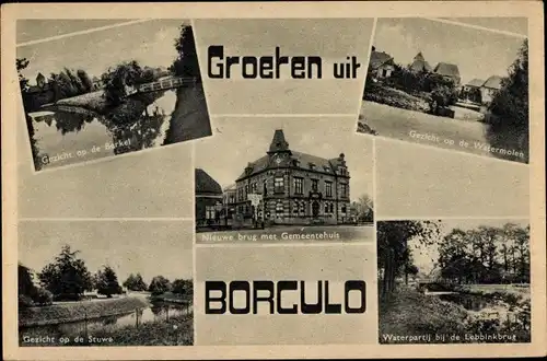 Ak Borculo Gelderland, Gezicht op de Berkel, op de Watermolen, op de Stuwe, Gemeentehuis
