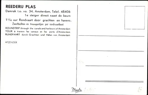 Ak Amsterdam Nordholland Niederlande, Reederij Plas, Damrak, Panoramaboot