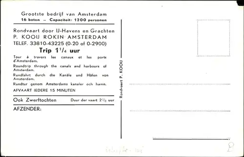 Ak Amsterdam Nordholland Niederlande, Rondvaart, P. Kooij