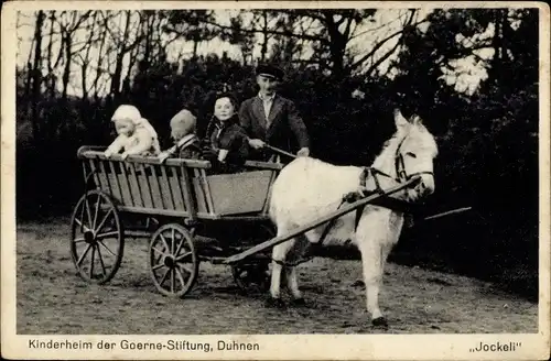 Ak Nordseebad Duhnen Cuxhaven, Kinderheim der Goerne-Stiftung, Jockeli, Wagen mit Esel