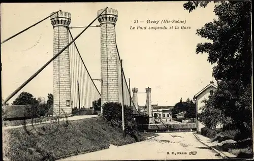 Ak Gray Haute Saône, Die Hängebrücke und der Bahnhof