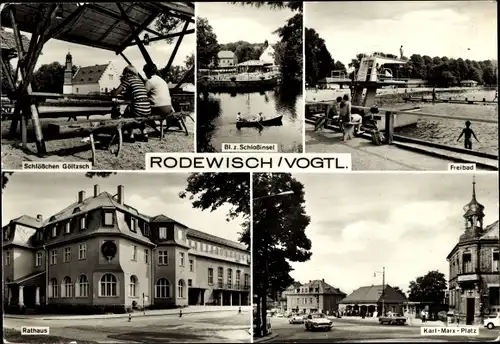 Ak Rodewisch im Vogtland Sachsen, Schlößchen Göltzsch, Freibad, Rathaus, Schloßinsel, Platz