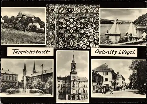 Ak Oelsnitz im Vogtland, Burg, Kirche, Ernst-Thalmann-Platz, Rathaus, Straßenansicht, Teppich