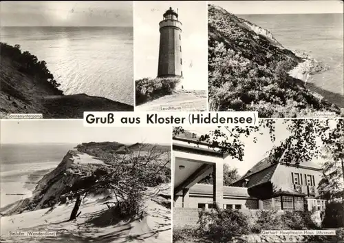 Ak Kloster Insel Hiddensee in der Ostsee, Leuchtturm, Dornbusch, Steilufer, Wanderdüne, Museum