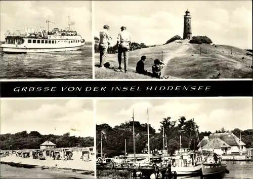 Ak Insel Hiddensee in der Ostsee, Leuchtturm, Strand, Hafen, Schiff