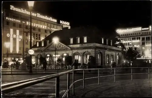 Ak Frankfurt am Main, Hauptwache, Nachtaufnahme, Frankfurter Rundschau, Rundfunk, Blaupunkt