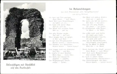 Ak Rolandseck Remagen am Rhein, Rolandsbogen, Durchblick auf den Drachenfels, Gedicht