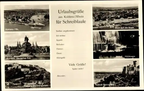 Ak Koblenz am Rhein, Deutsches Eck, Festung Ehrenbreitstein, Feuerwerk, Schloss Stolzenfels