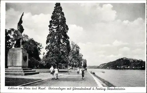 Ak Koblenz am Rhein, Mosel, Rheinanlagen mit Görresdenkmal, Festung Ehrenbreitstein