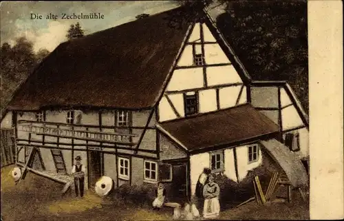 Künstler Ak Heynitz Nossen Kreis Meißen, Die alte Zechelmühle, Inh. Ernst Zechel, 1892 abgebrochen