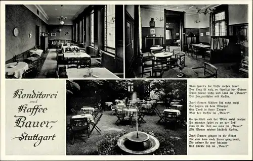 Ak Stuttgart in Württemberg, Konditorei und Kaffee Bauer, Kronenstraße 31, Garten, Gedicht