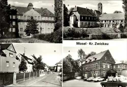 Ak Mosel Zwickau in Sachsen, Oberschule Makarenko, Pfarramt, Kirche, Schulstraße, Forellenmühle