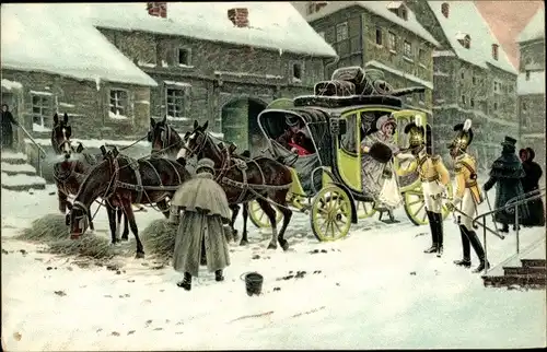 Künstler Ak Ungewitter, H., Ankunft der Postkutsche, Winter