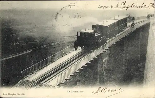 Ak Langres Haute Marne, Die Zahnstange auf der Brücke bei der Ankunft in der Stadt